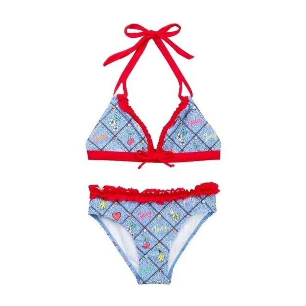 Juicy Couture Girls Printed Bikini Set Swimsuit PATCHWORK DENIM Size 14 NWT
